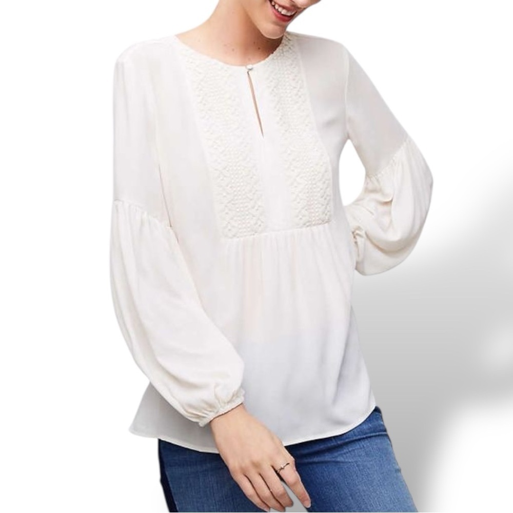 LOFT Ivory Embroidered Long Sleeve Blouse